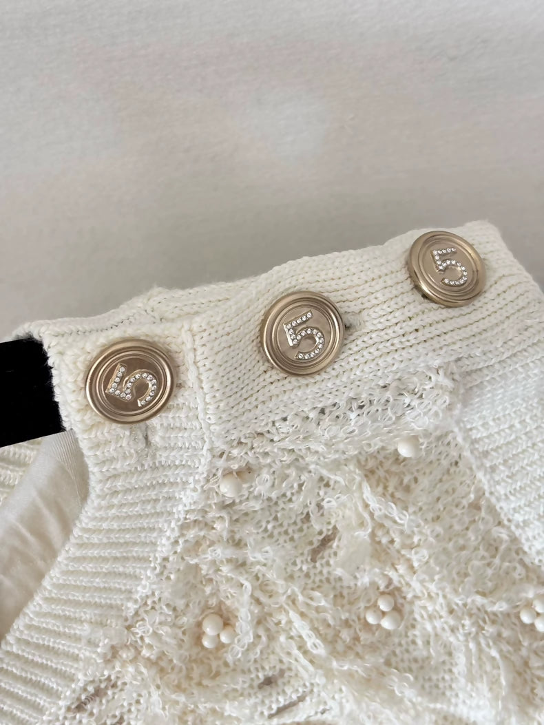 Chanel 21S ecru Beaded and Rhinestone Top