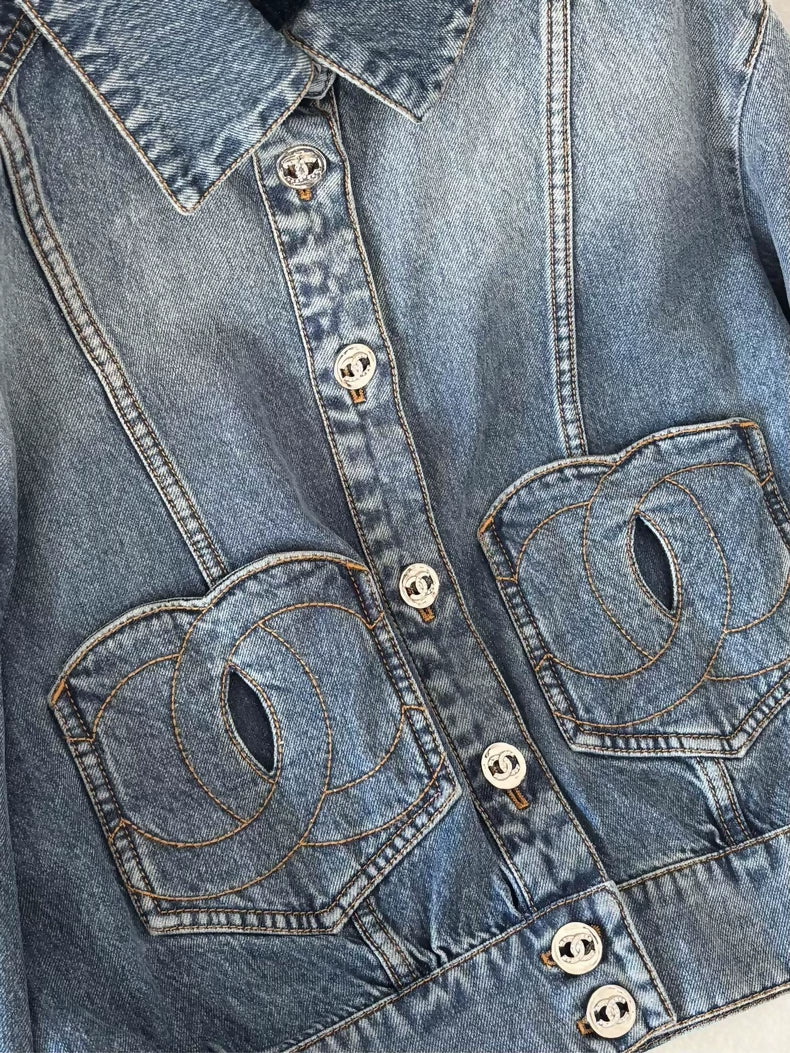 Chanel 24P Heart-shaped Double C Pocket Rhinestone Button Denim Jacket