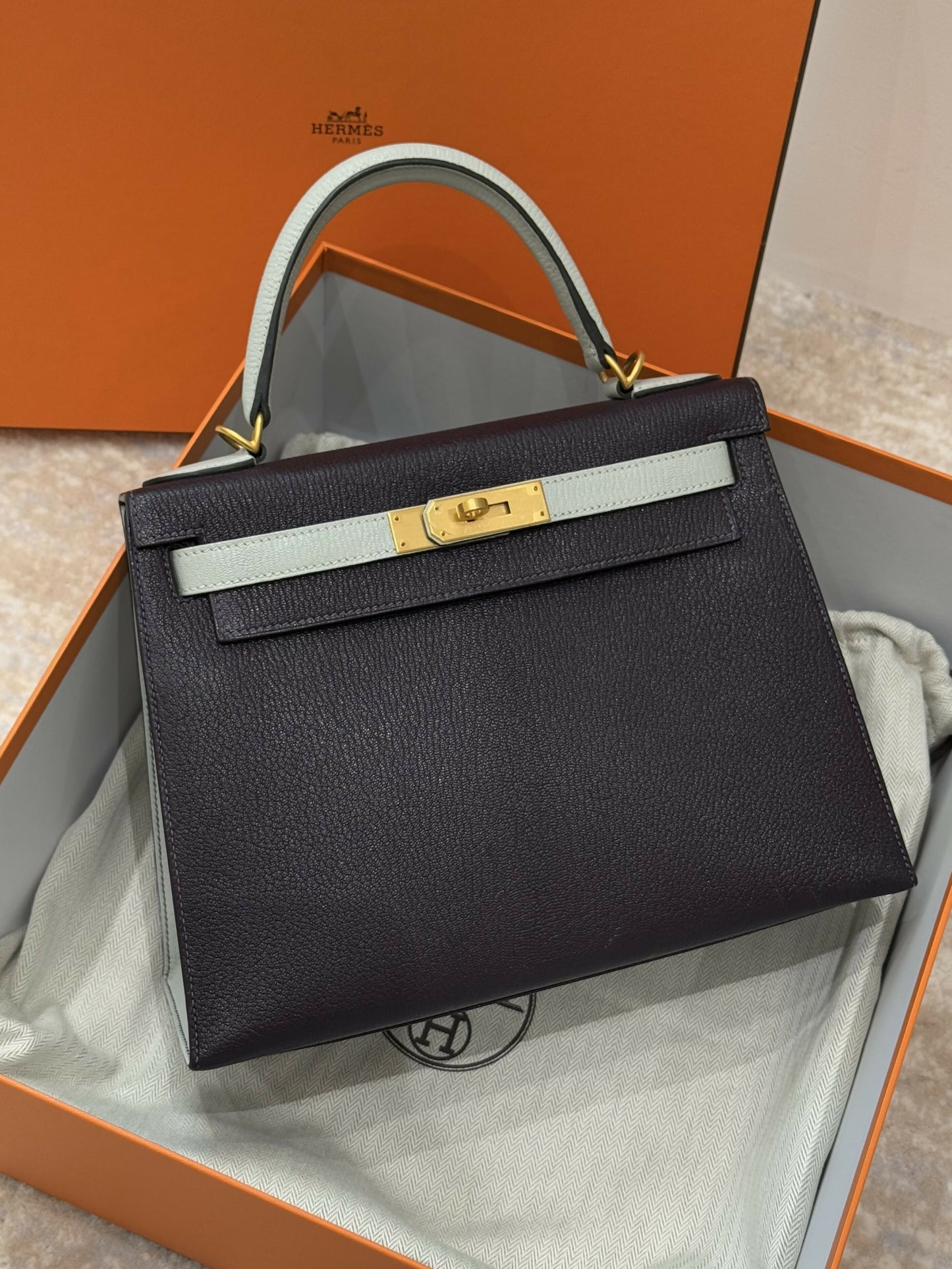 Hermès Kelly Sellier 28 Raisin & Gris Perle Chevre Leather with Brushed Gold Hardware