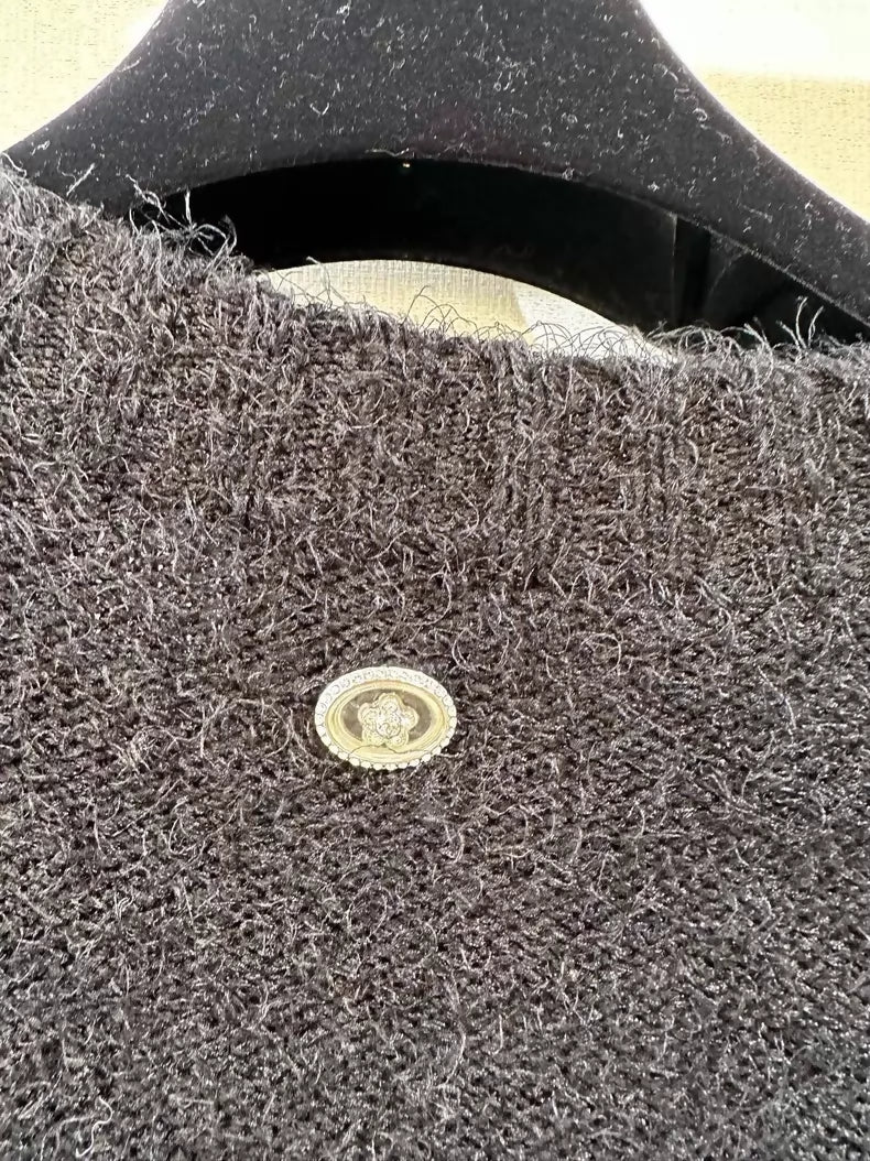Chanel 23k Black Glitter Camellia Sequined Knit Sweater,