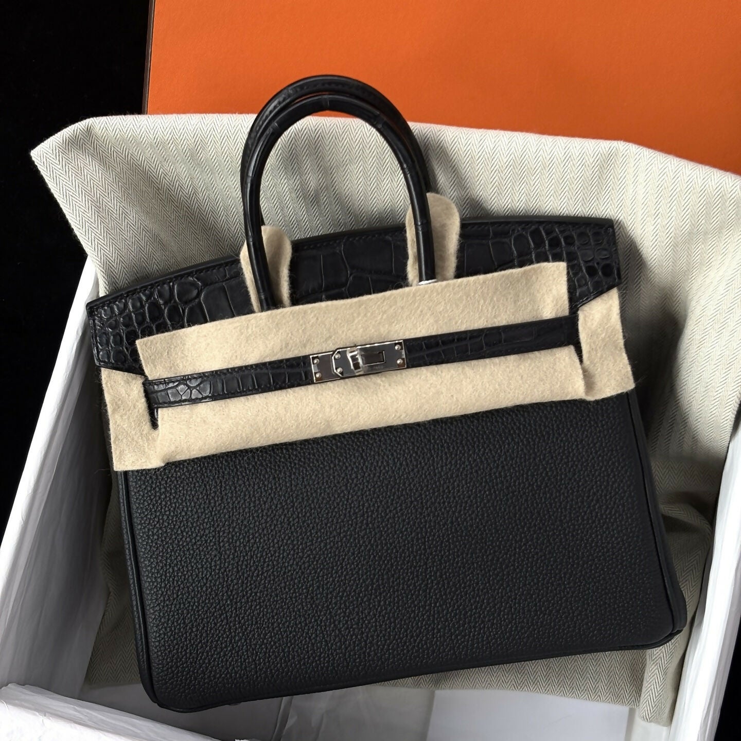 Hermès Birkin 25 Touch Noir (Black) Togo Leather & Matte Alligator with Palladium Hardware