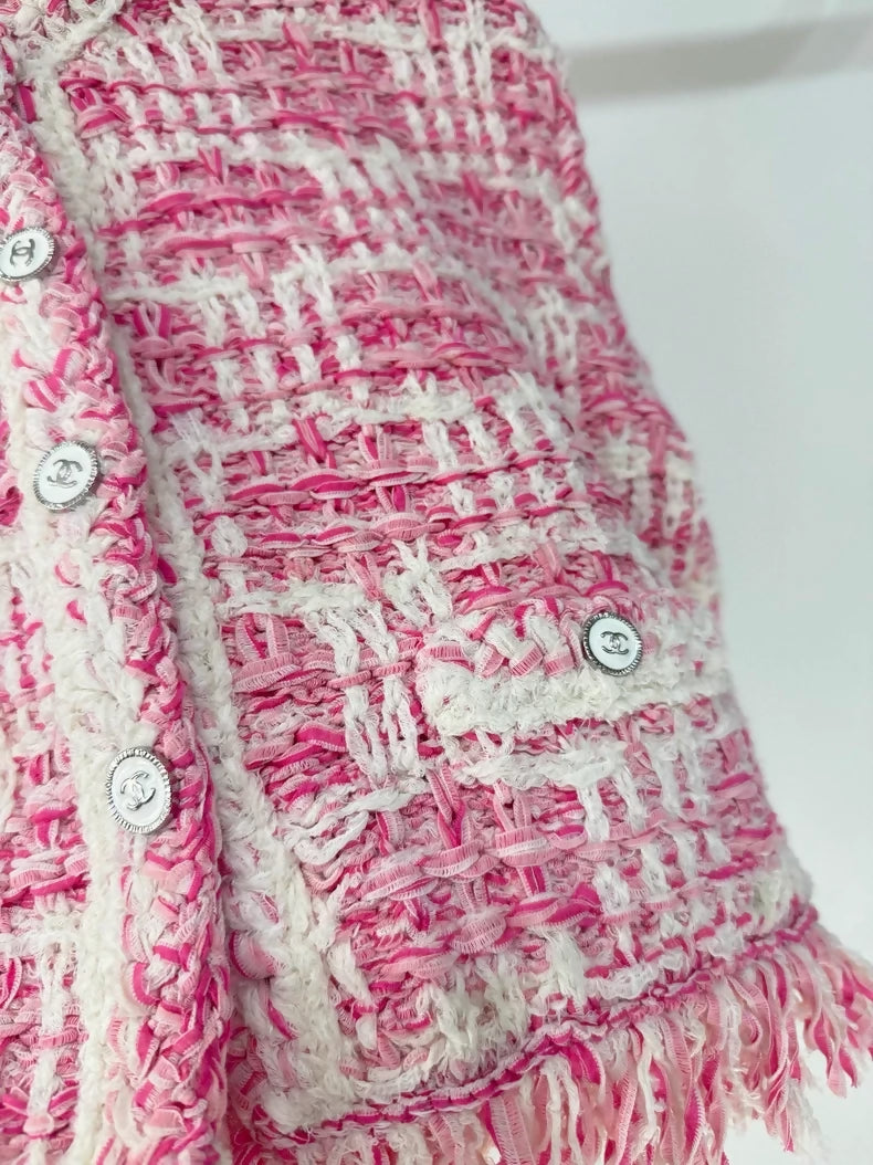 Chanel 24P pink and white tweed fringed jacket