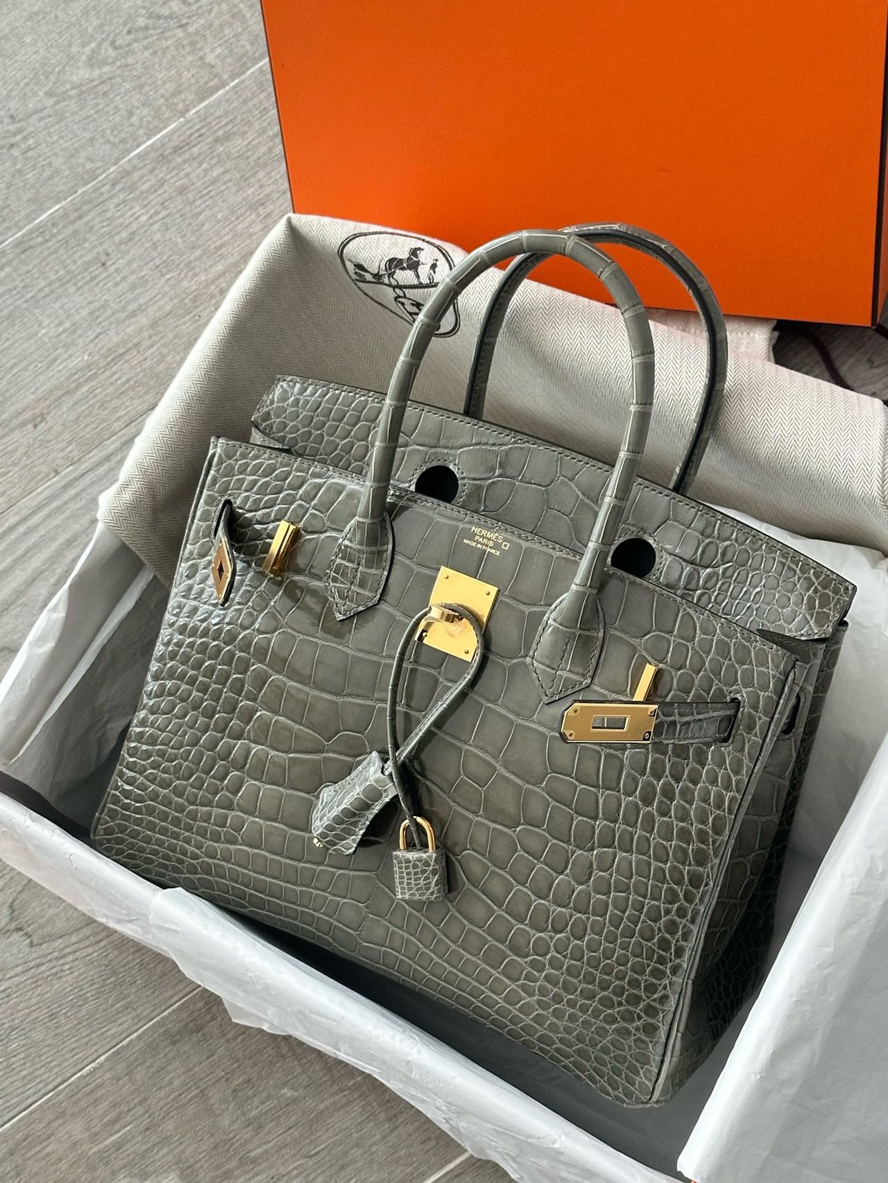 Hermès Birkin 30 Gris Tourterelle shiny crocodile leather Gold