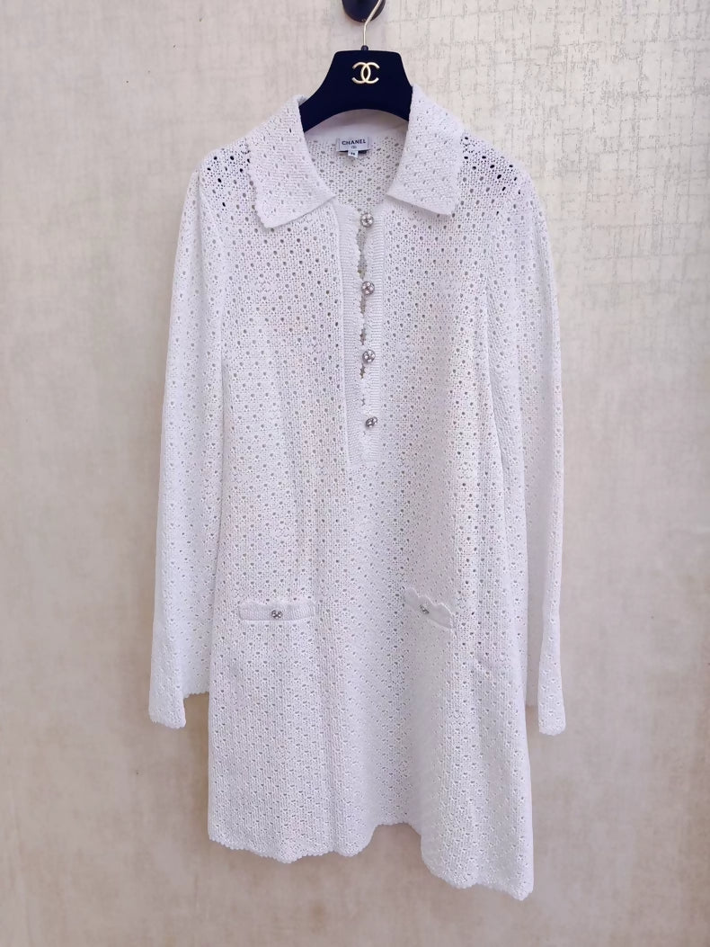 Chanel 24P White Moonlight Floral Button Hollow-Out Dress