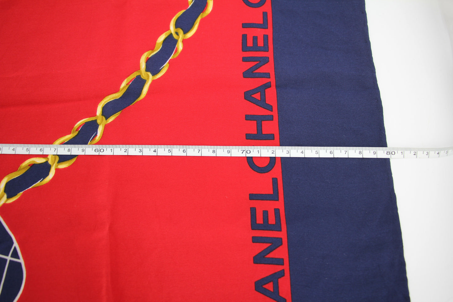 Chanel 100% Silk Navy Red Bag Pattern Scarf
