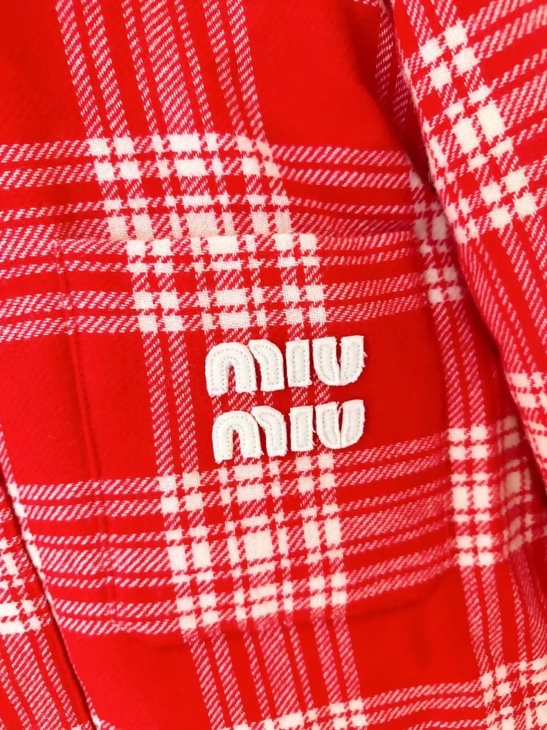 Miu Miu red and white checkered embroidered logo shirt collar down jacket