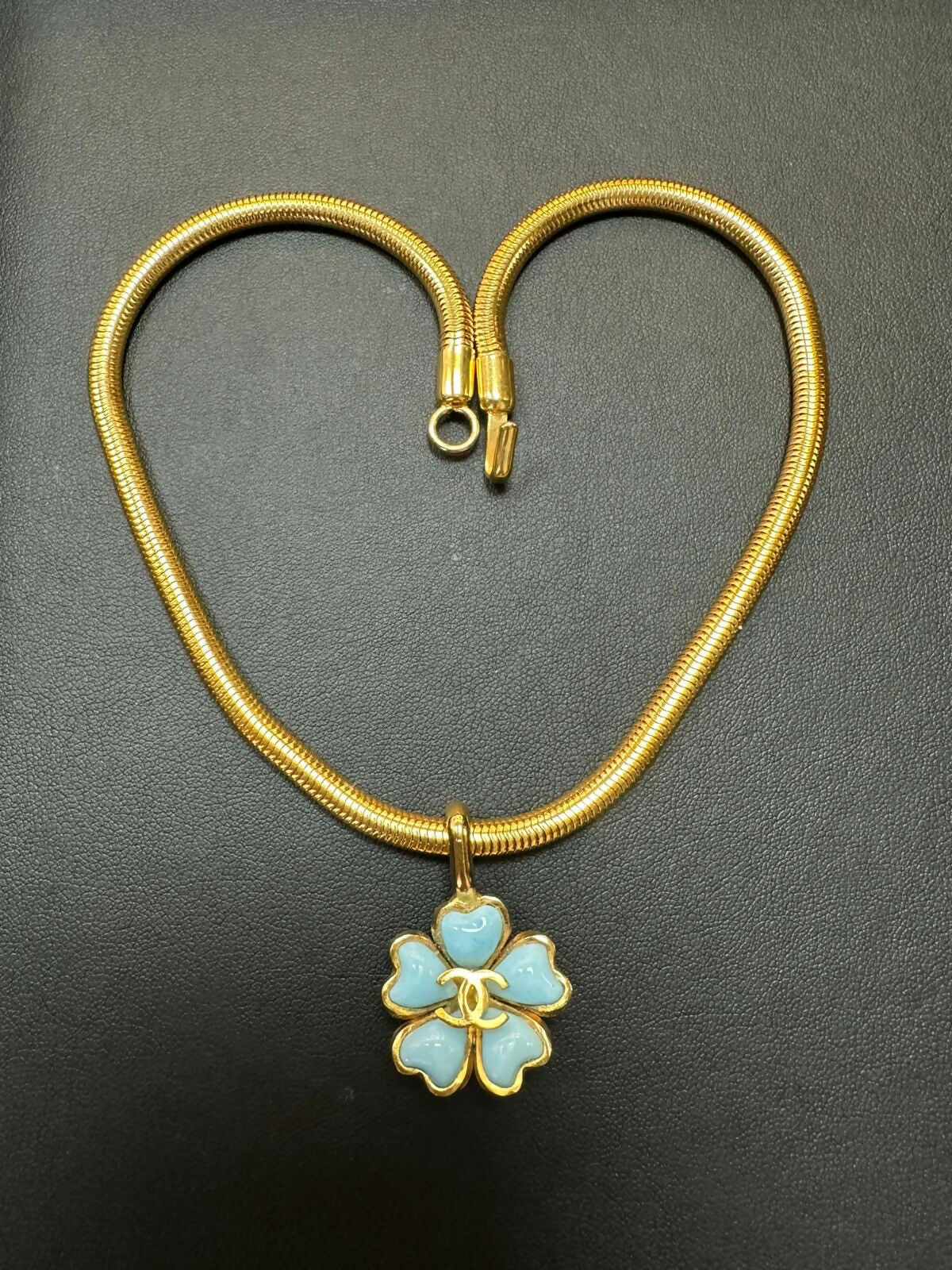 Chanel Vintage 97P Gripoix & Gold Plated Pastel Blue Camellias Pendant Necklace