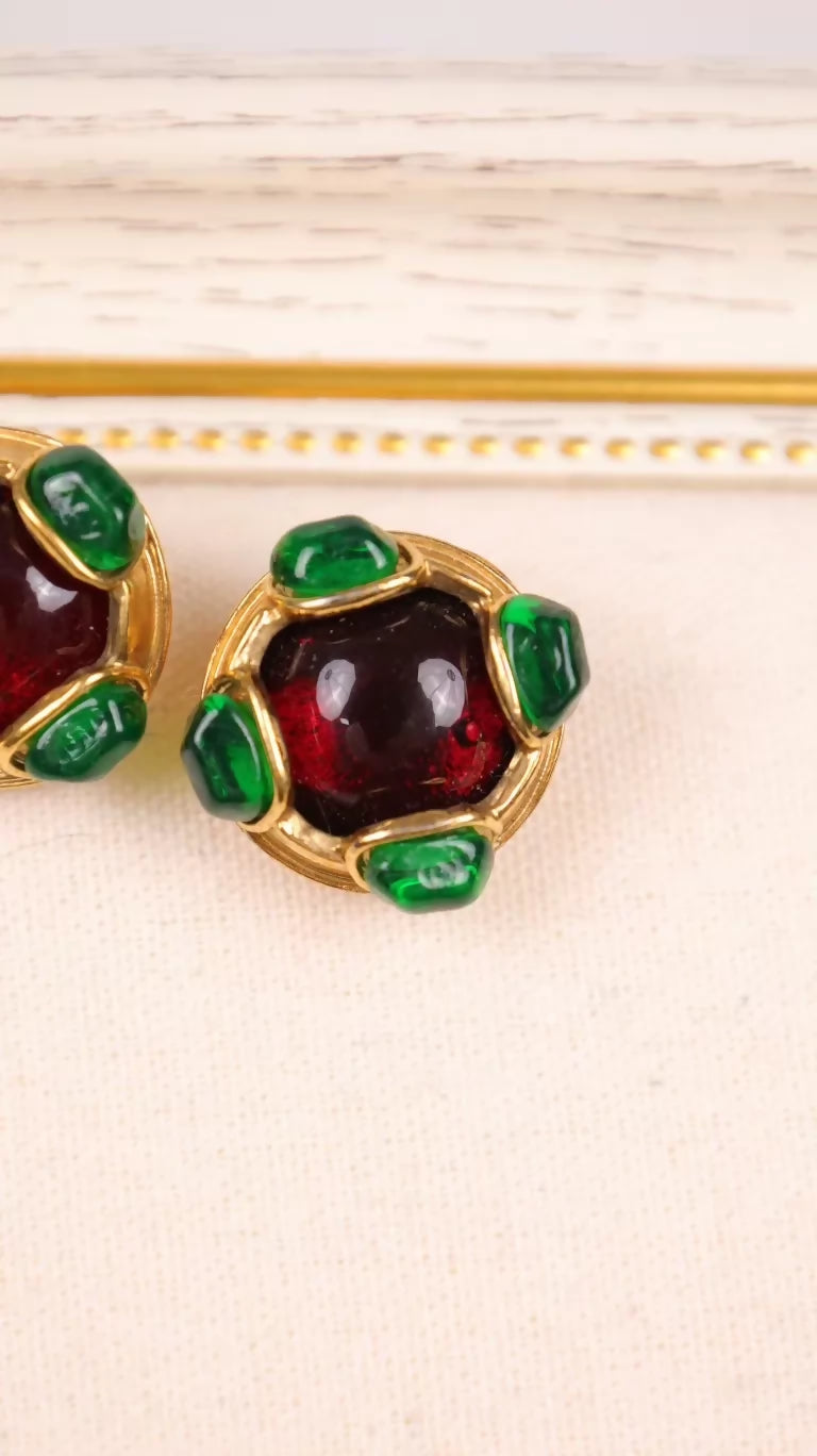 Chanel 1995 Red and Green Glass Clip-on Earrings