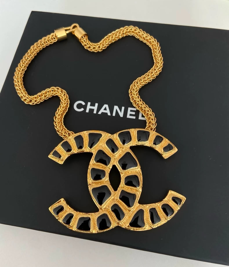 Chanel Black Gold Glass Double C Logo Necklace