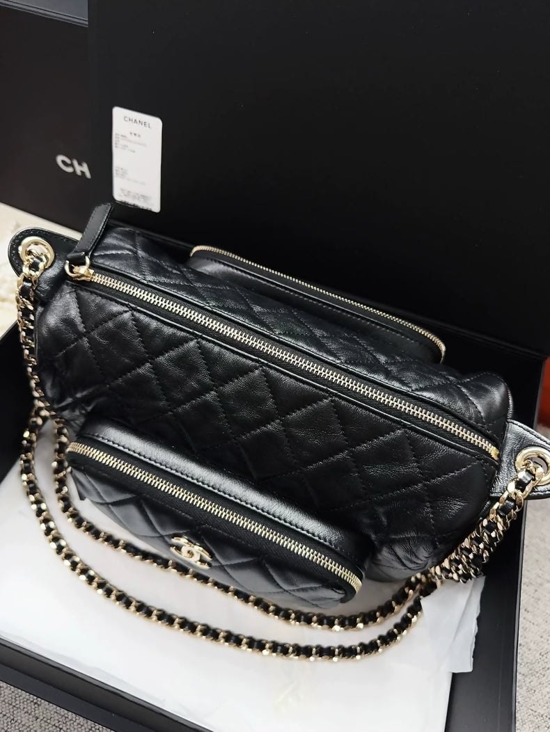 Chanel 24K Black Sheepskin Diamond Pattern Large Size Chain Bag