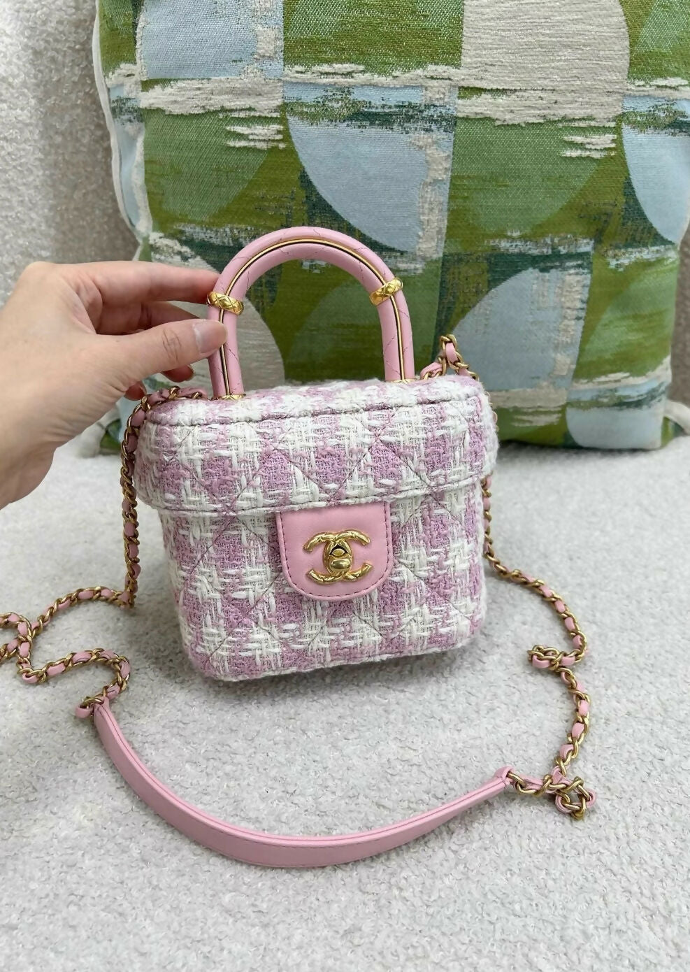 Chanel 23S Top Handle Flap Bag in Pink Tweed Houndstooth Aged Gold