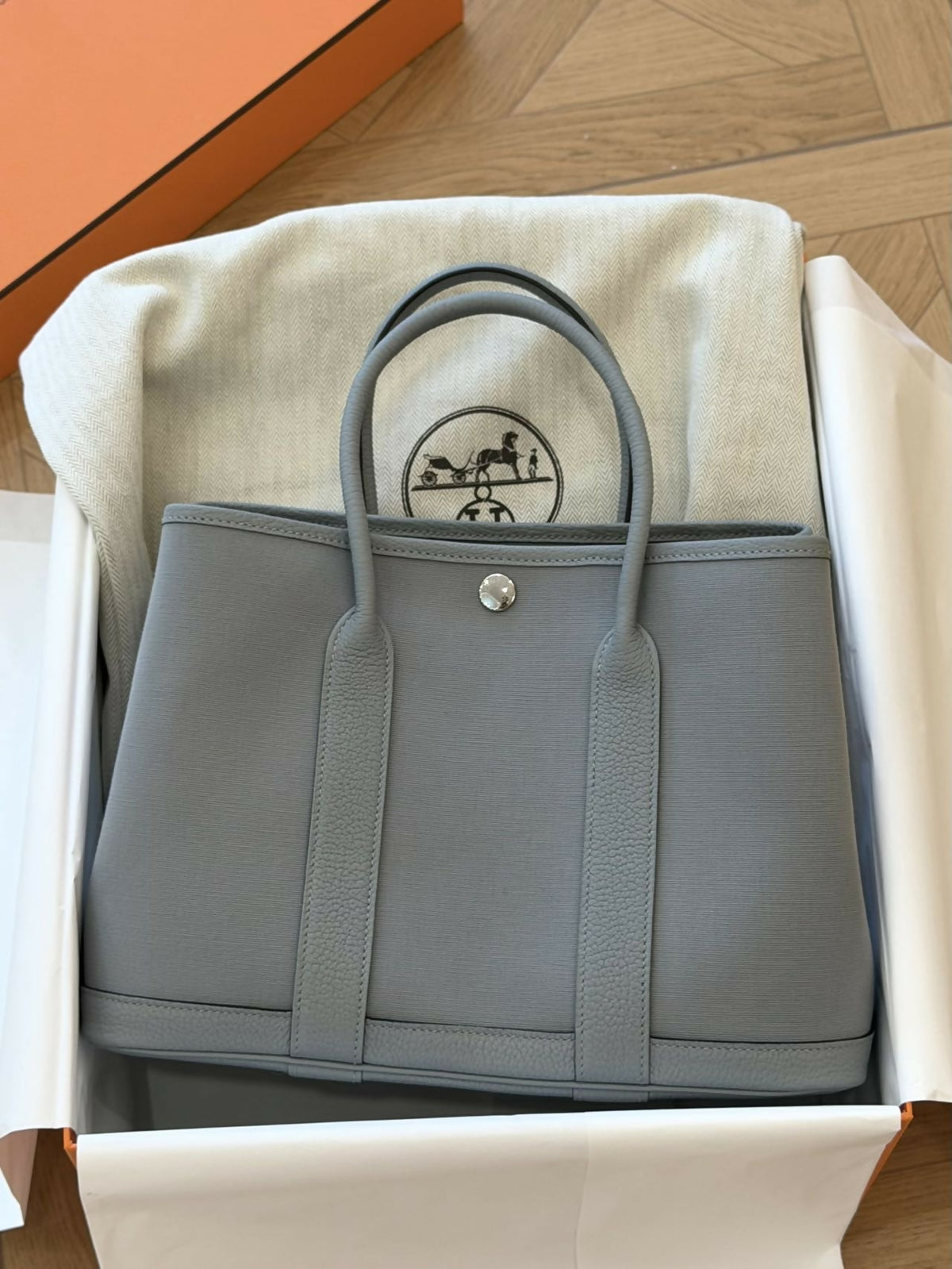 Hermès Garden Party 30 Gris Nevé Canvas with Leather Trim with Palladium Hardware
