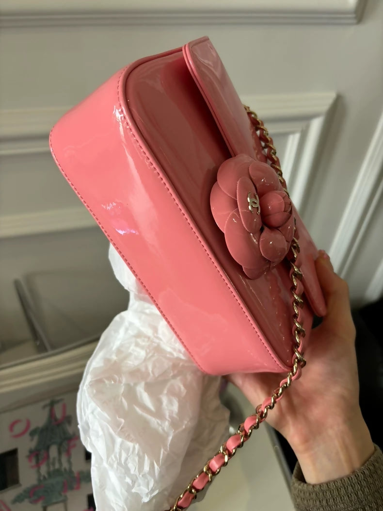 Chanel 23K Pink Camellia patent leather Mini flap bag CF