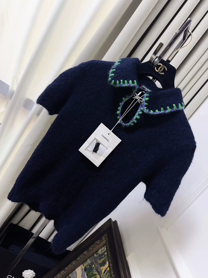 Chanel 25N Coco Neige Ski Collection Navy Blue Doll Collar Top