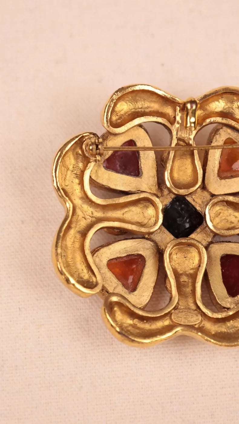 Chanel 1994 Red Orange Glass Four-Leaf Clover Brooch