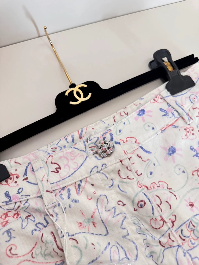 Chanel 25c white denim wide-leg pants with fish prints