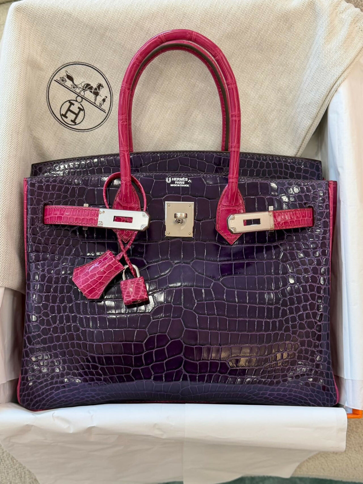 Hermès Birkin 30 Améthyste & Rose Tyrien Shiny Porosus Crocodile with Hardware Square L Stamp