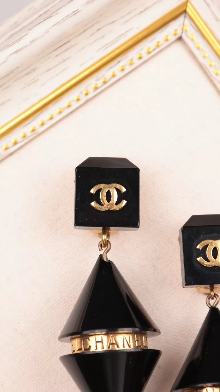 Chanel Black Gold Acrylic Large Pendant Earrings
