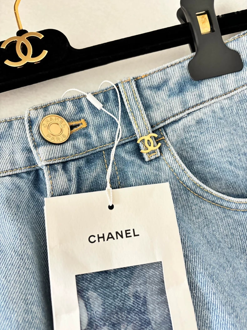 Chanel 26A Light Blue Denim Wide-Leg Pants