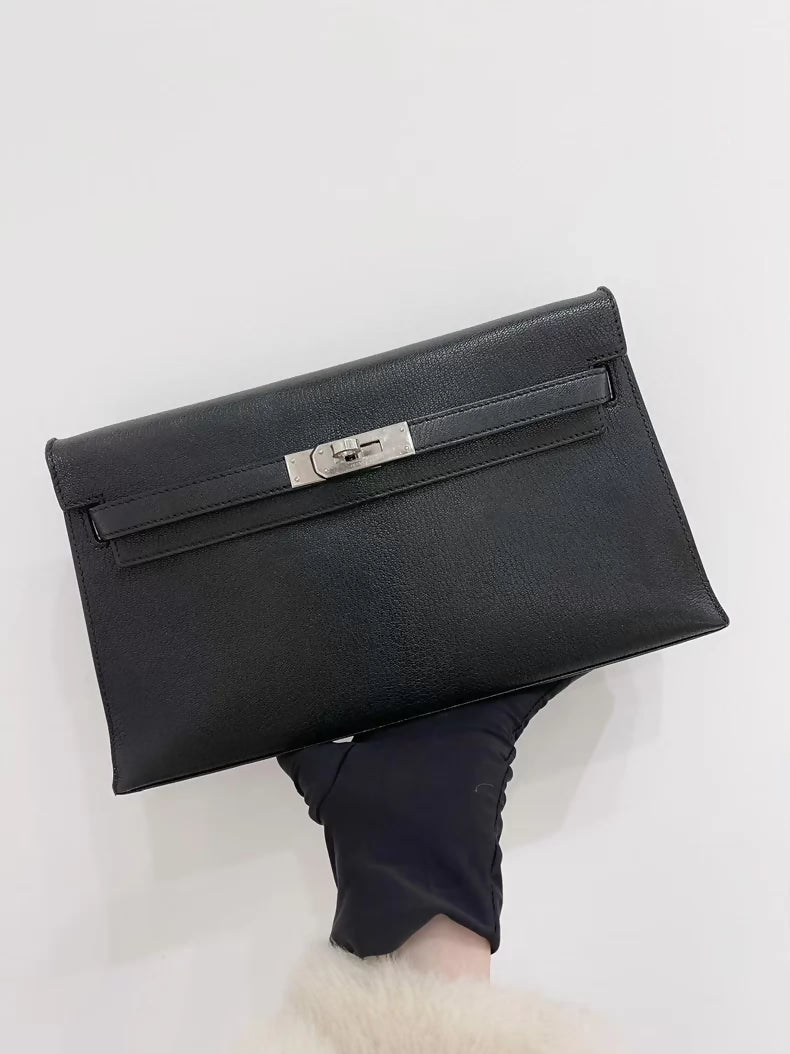 Hermès Kelly Elan black chèvre leather palladium hardware