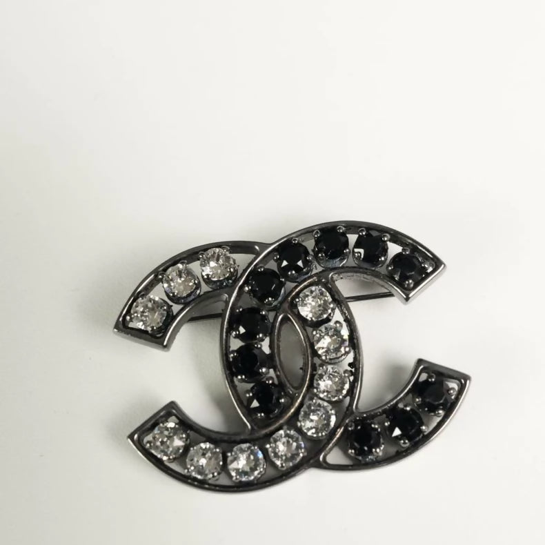 Chanel gunmetal black and white diamond brooch