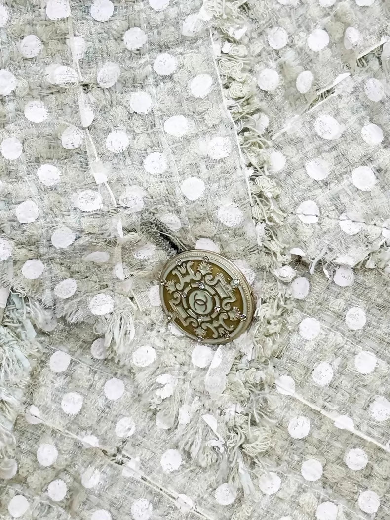 Chanel 2011 green polka dot tweed cardiganand skirt