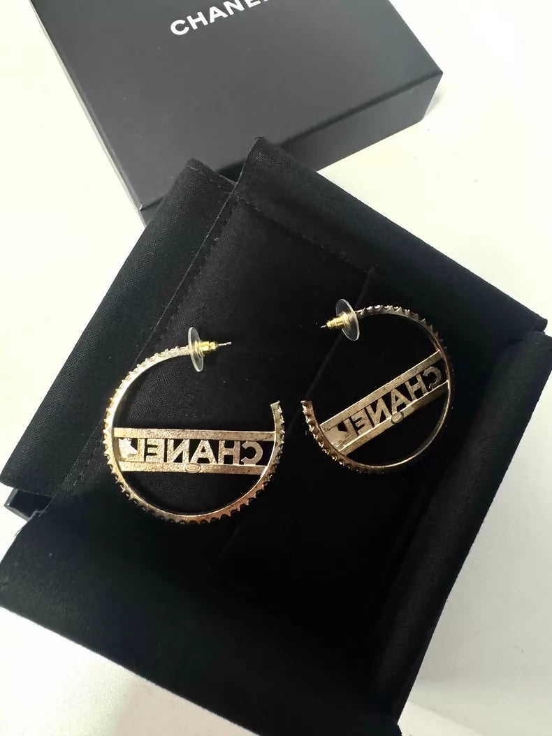 Chanel 22S Light Gold Letter Large Rhinestone Hoop Earrings