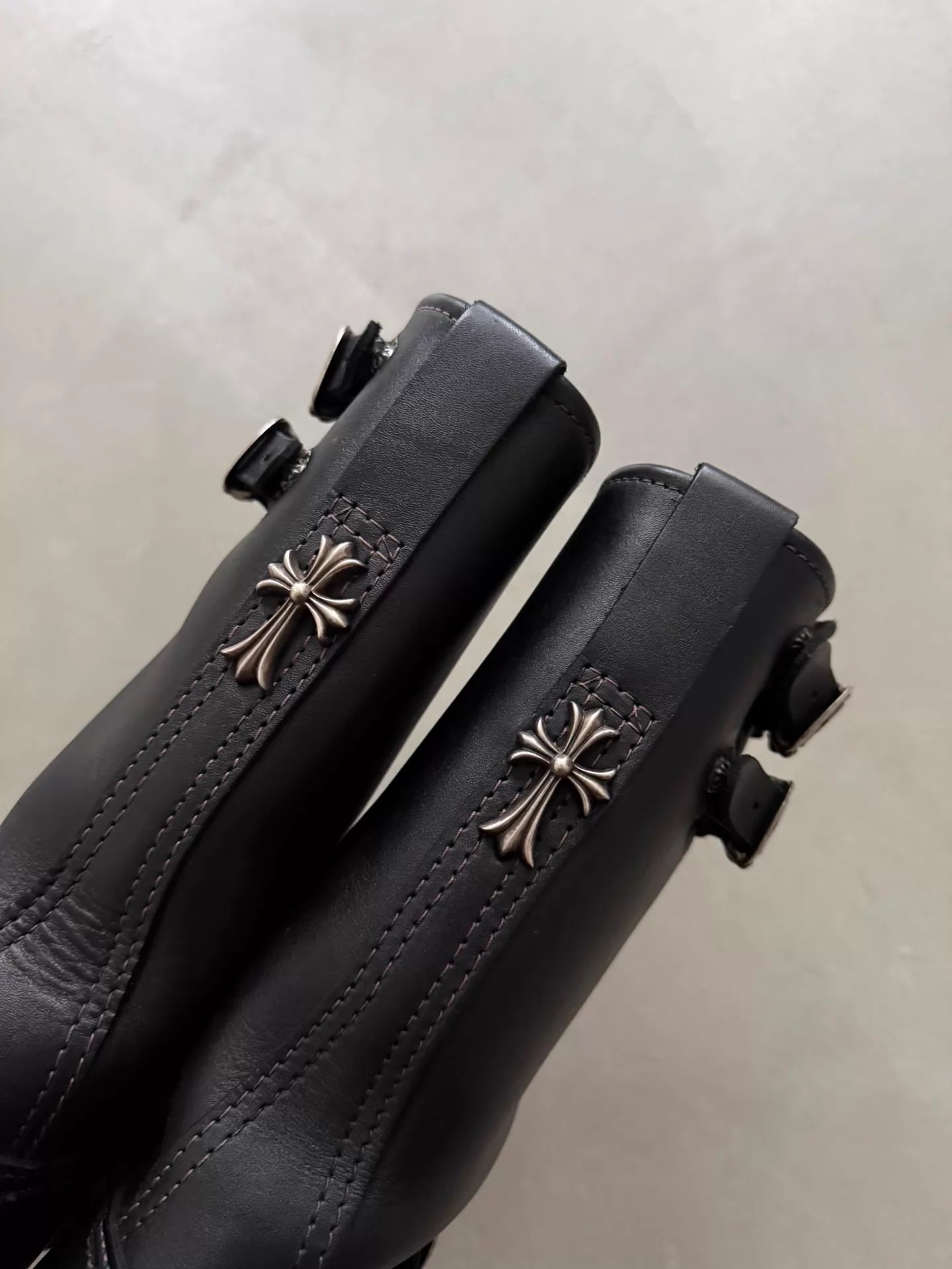 Chrome Hearts x Wesco Women's Double Gunslinger Adjustable Buckle Cross Silver Engineer Leather Boots