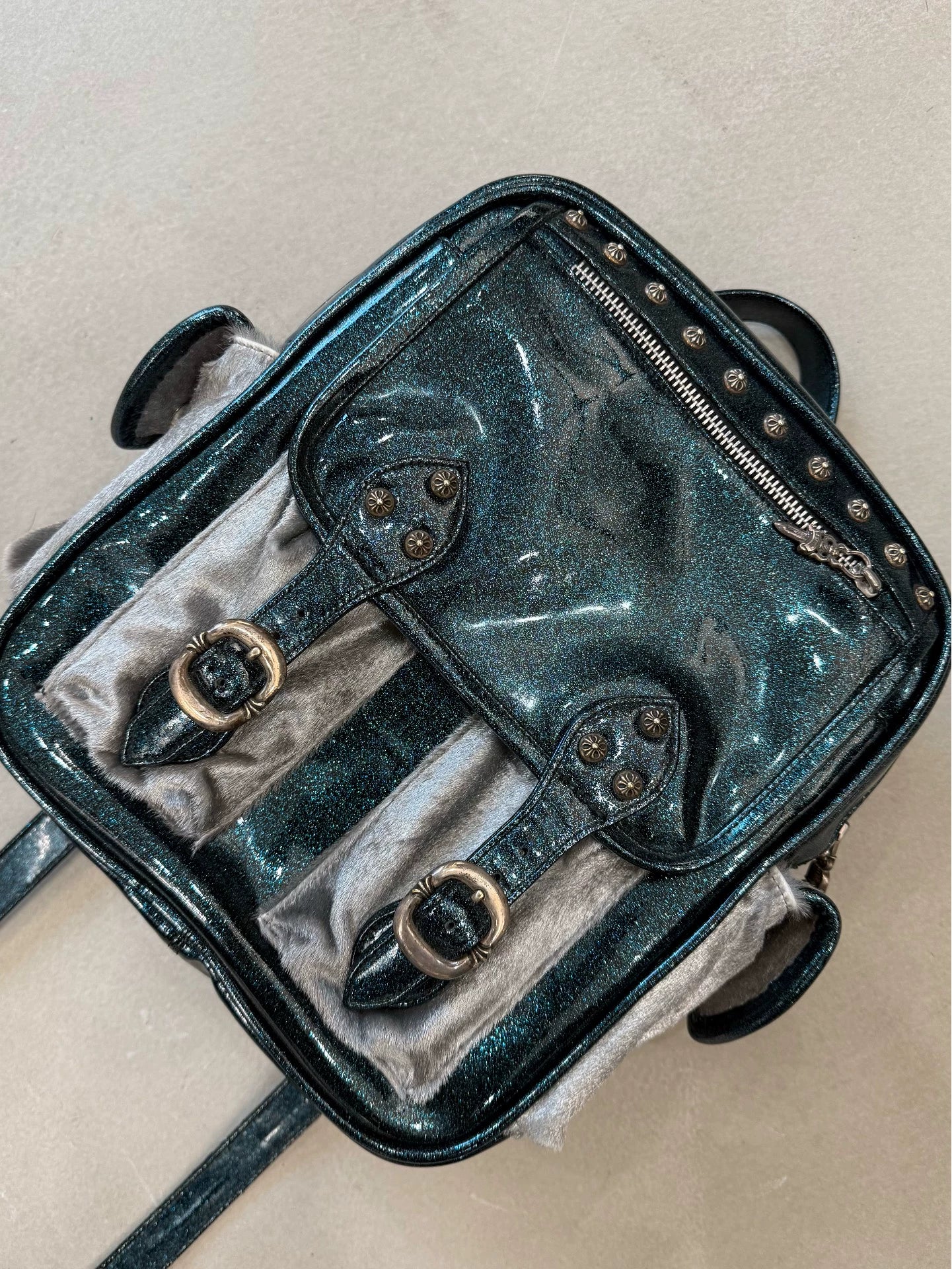 Chrome Hearts Glitter Starry Sky Leather Patchwork Silver Horse Hair Backpack with Silver Jewelry