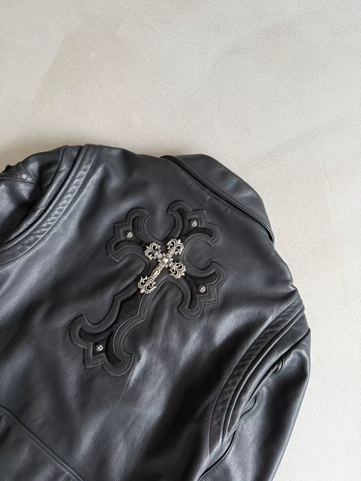 Chrome Hearts leather jacket with silver five-pointed star embellishments
