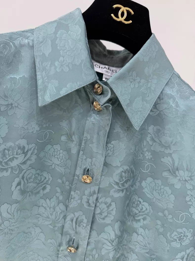 Chanel 25A green floral silk shirt