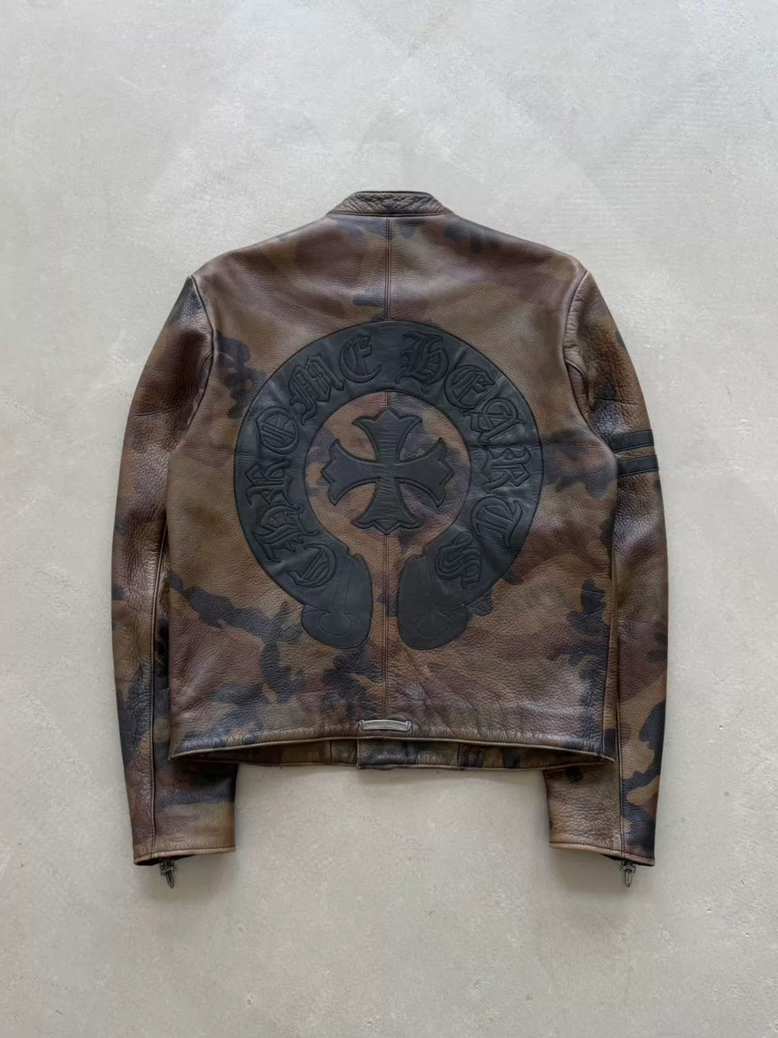 Chrome Hearts horseshoe cross pattern leather camouflage racing motorcycle jacket