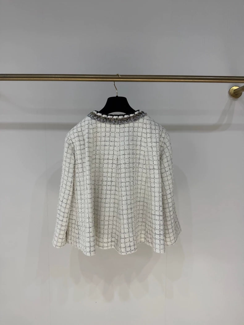 Chanel 25S Black and White Check Trim Tweed Coat