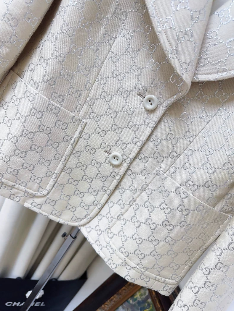Gucci off-white all-logo silver-threaded suit jacket