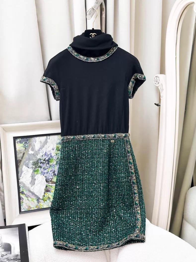 Chanel 11A green tweed with gold trim, turtleneck dress Wararni.com Chanel 11A green tweed with gold trim, turtleneck dress Wararni.com