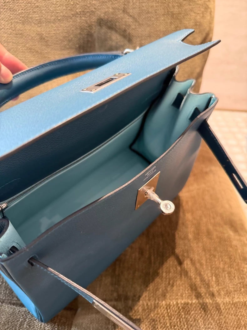 Hermes Kelly 28 1P Blue Paon Evercolor leather Palladium Hardware