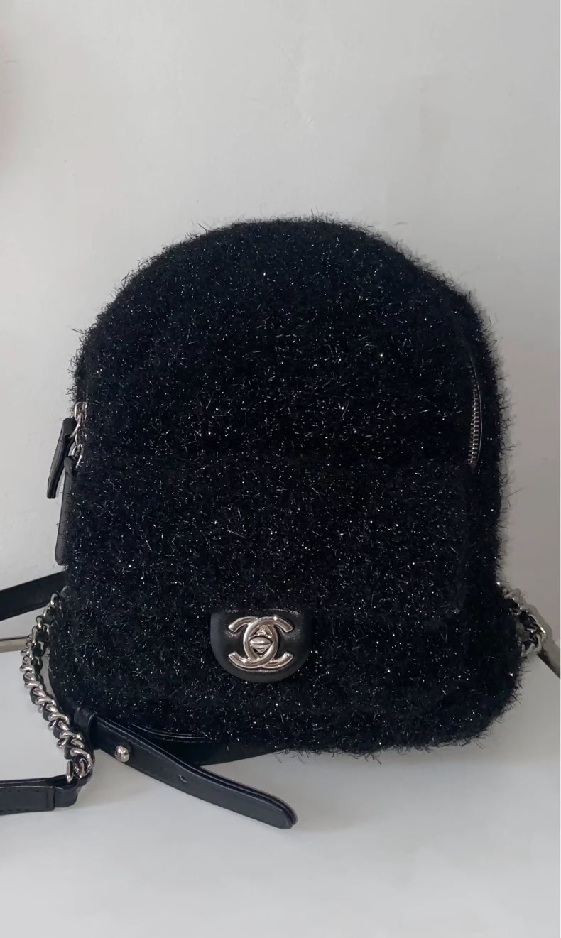 Chanel black and silver thread mini backpack