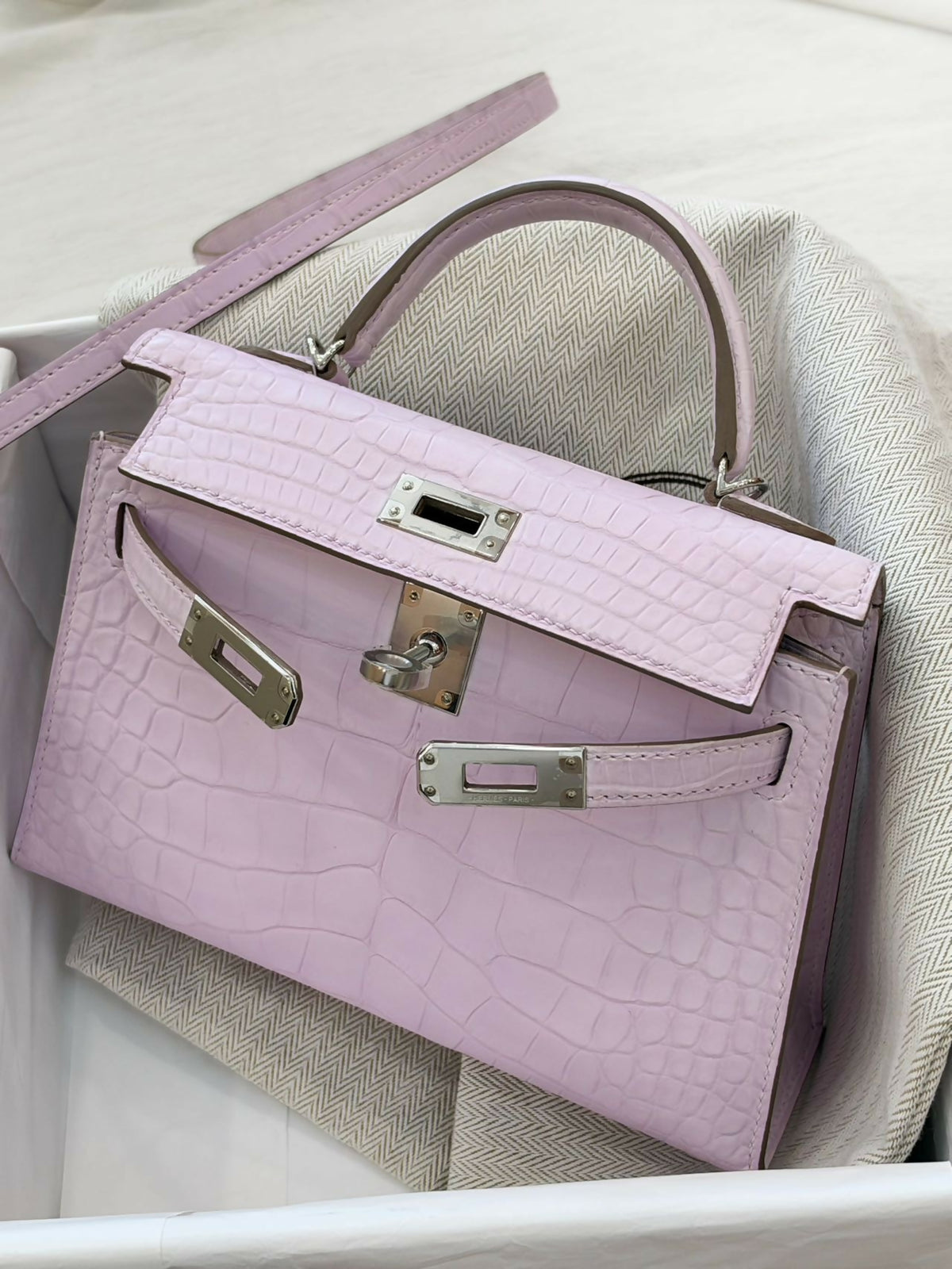 Hermès Mini Kelly II Mauve Sylvestre Crocodile with Palladium Hardware B Stamp