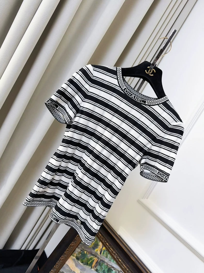 Chanel 23C black and white striped checkered knit short-sleeved top