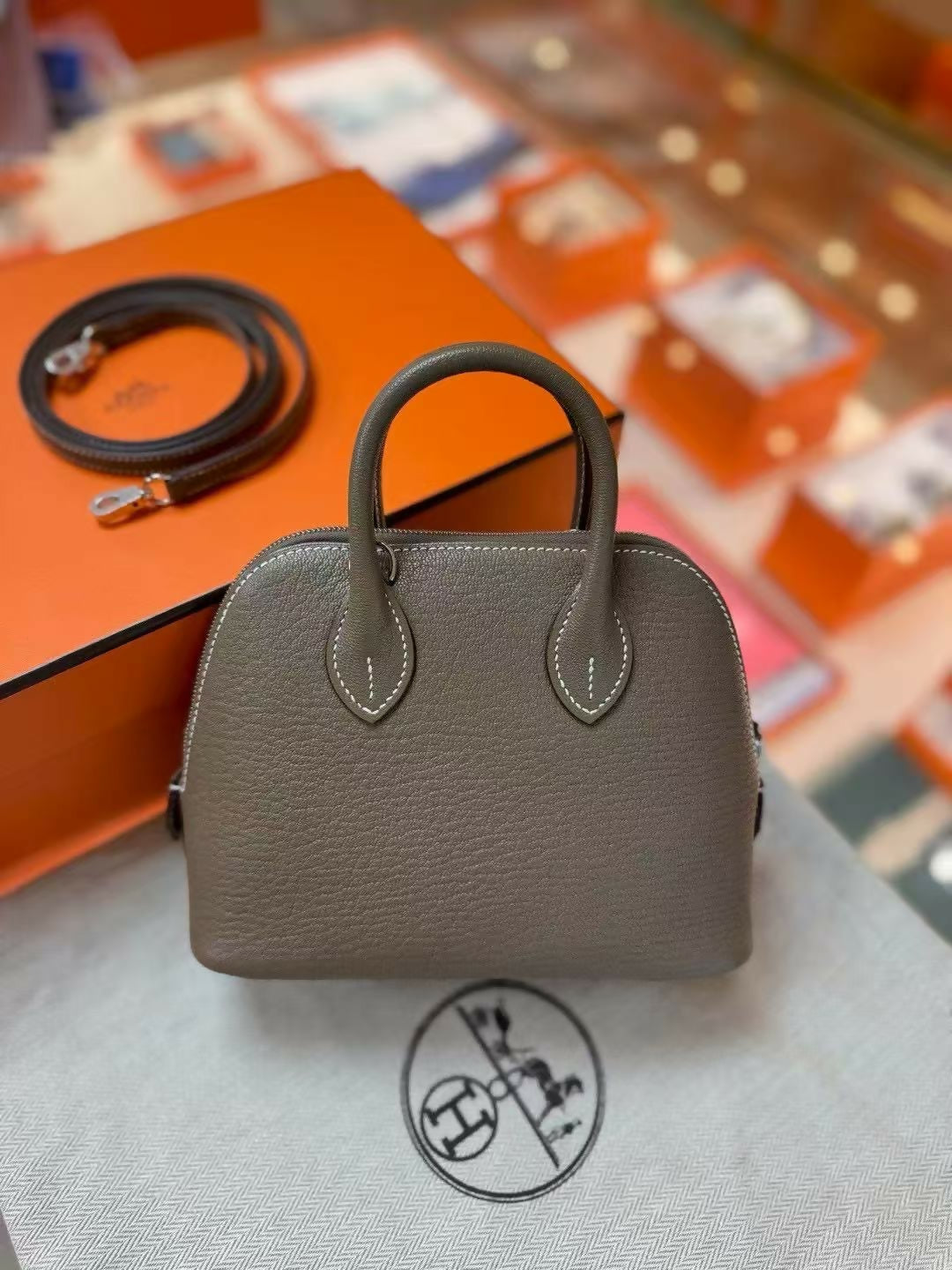 Hermès Mini Bolide Étoupe Chèvre Leather with Palladium Hardware