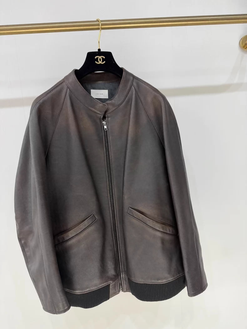The Row's new distressed brown calfskin leather jacket,
