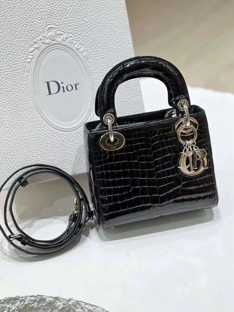 Dior small Lady Dior black patent alligator leather silver