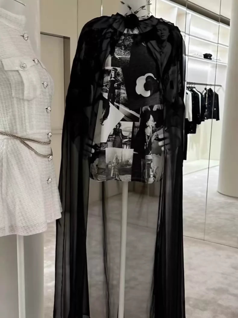 Chanel 23S Black Silk Long Cape