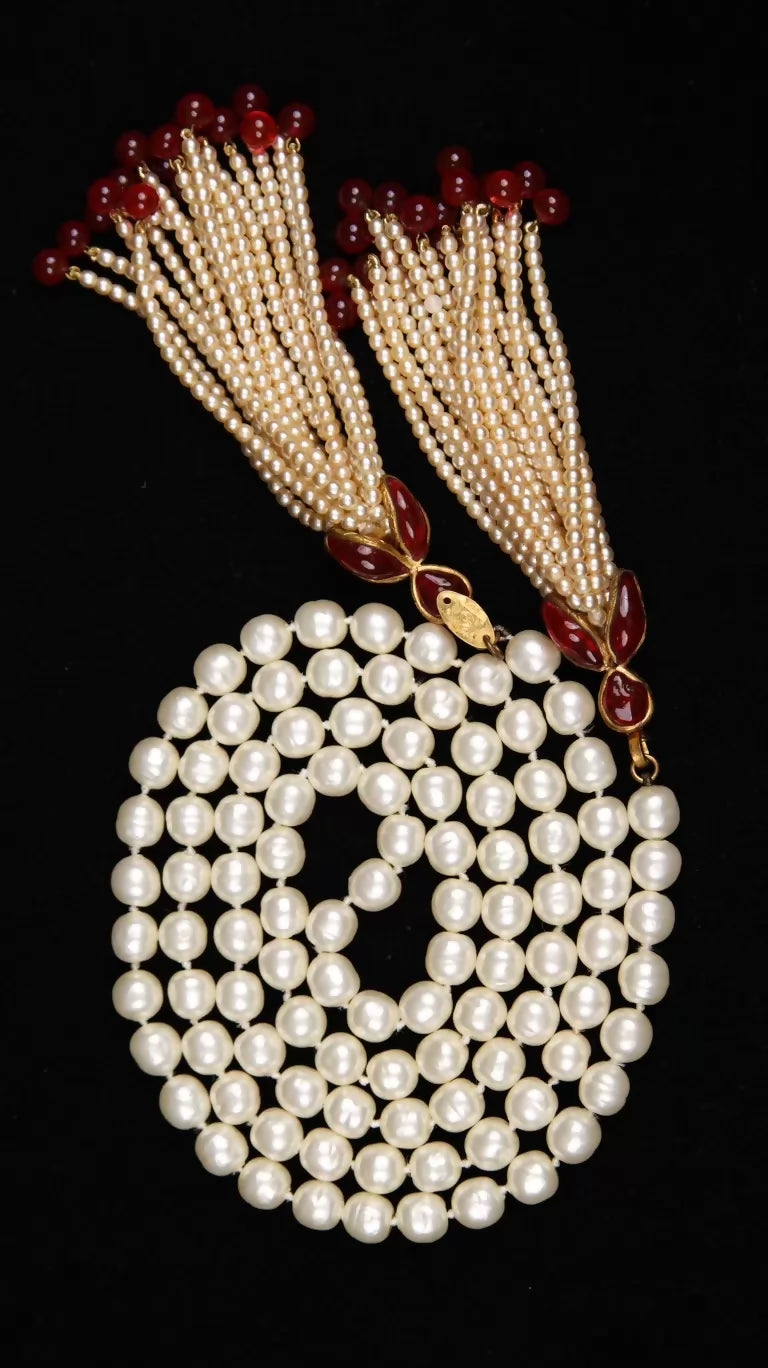 Chanel Red and White Pearl Glass Tassel Pendant Long Necklace Sweater Chain