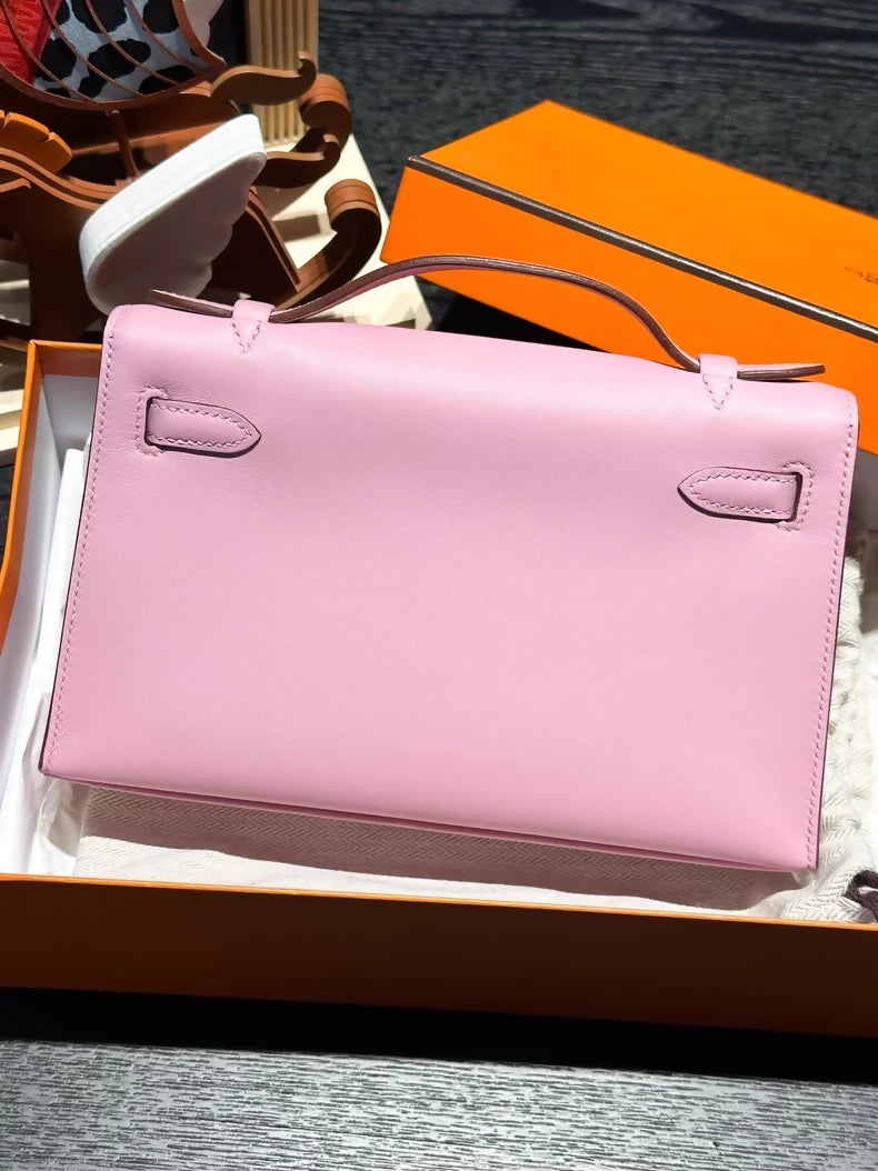 Hermes Kelly pochette X9 mallow purple, Swift leather palladium