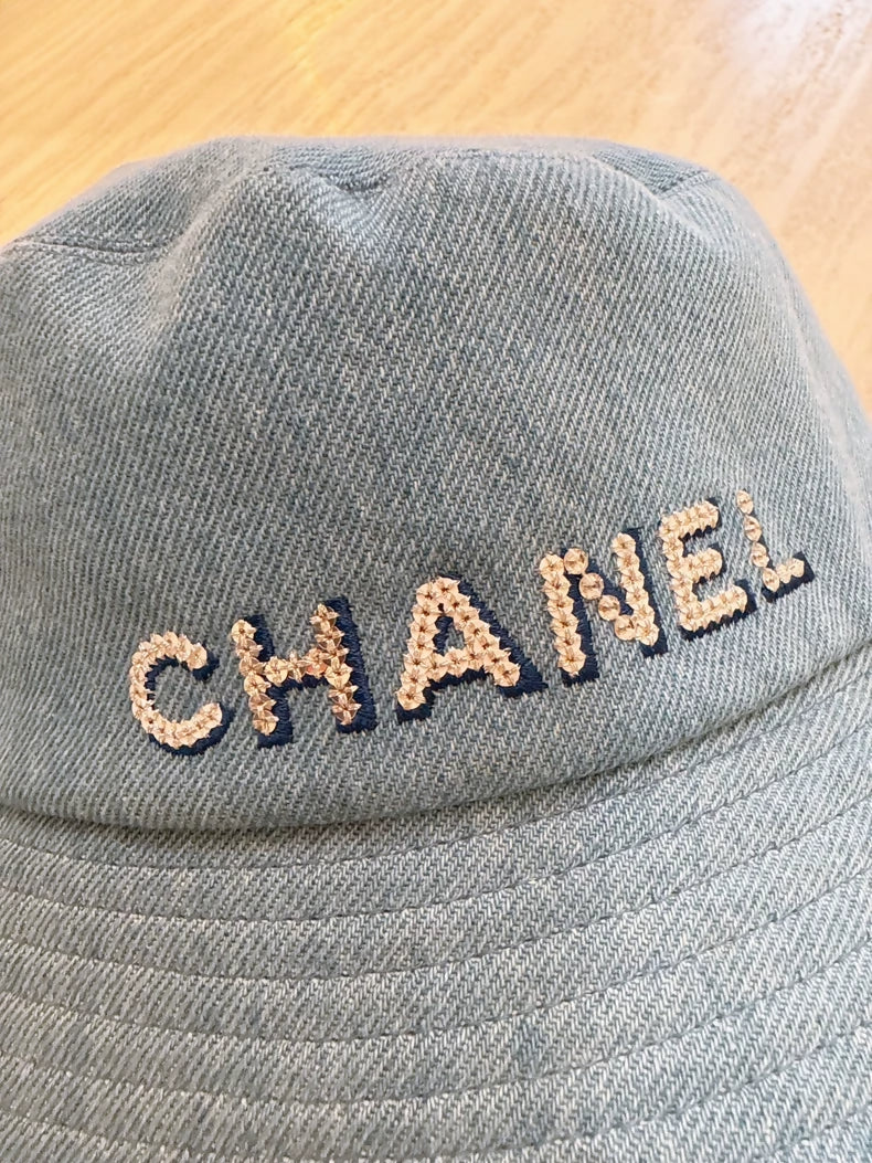 Chanel 22M Sequin Embroidered Logo Denim Bucket Hat
