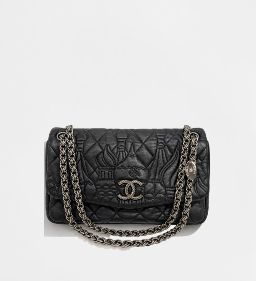 Chanel Black Quilted Lambskin Leather Paris-Moscow Red Square Kremlin Jumbo Flap Bag
