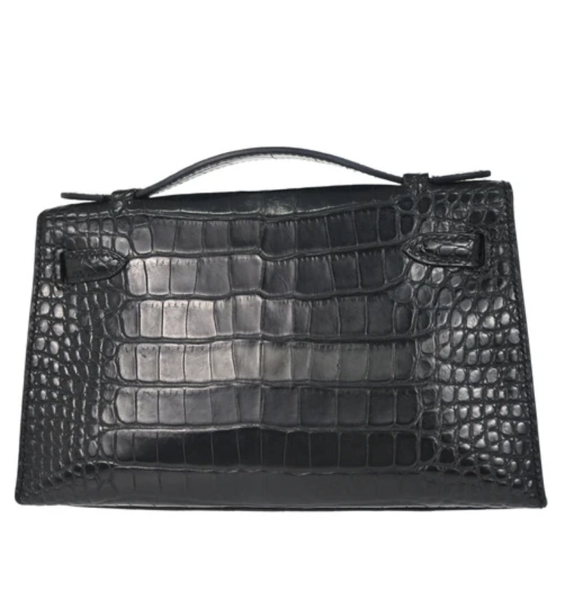 Hermes Kelly Pochette Black Matt alligator leather palladium hardware