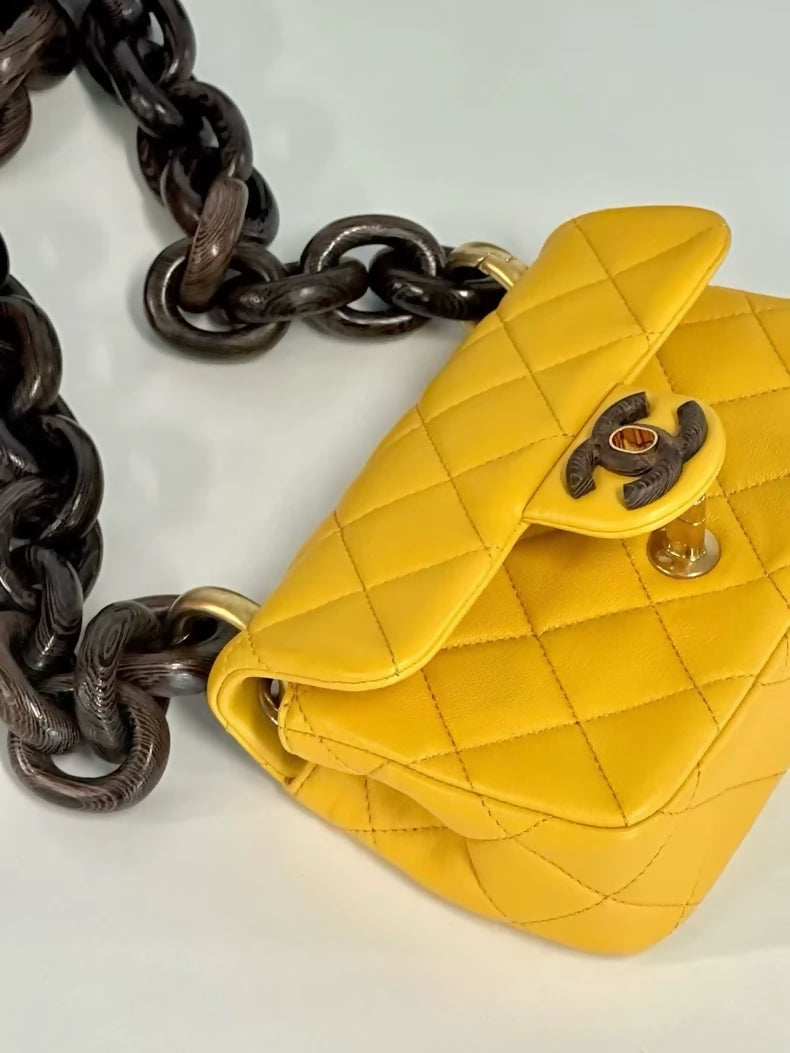 Chanel 23A Wooden Chain Amber Yellow Mini Bag