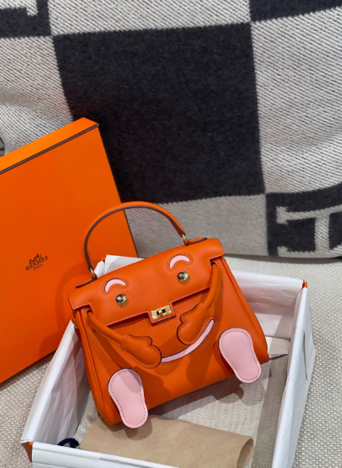Limited Edition Hermes kelly doll Orange Rose Sakura Swift leather